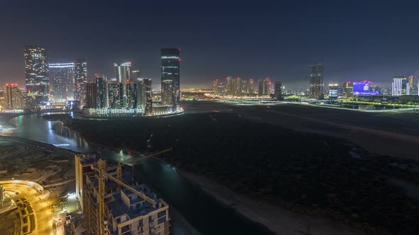 Buildings on Al Reem Island in Abu Dhabi Night Timelapse From Above