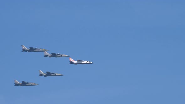 Serbian Air Force Soko J-22 Orao Ground Attack Aircrafts Formation on Blue Sky