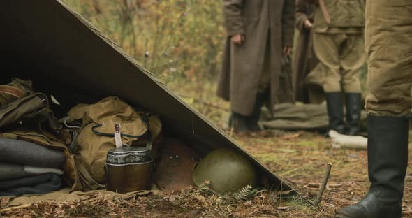 Camp Tent Of Infantry Soldier Of Soviet Russian Red Army During World War II In Forest Camp