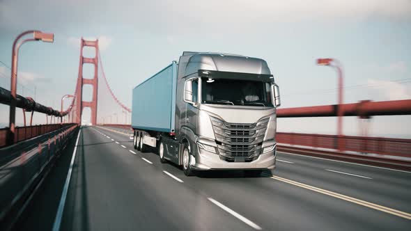 Cargo Truck With Container Driving On The Bridge