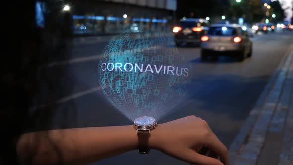 Unrecognizable Woman with Hologram Coronavirus