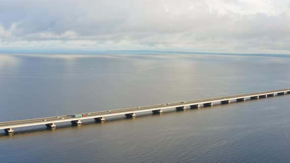 Drone View of a Modern Lowwater Bridge Across the Sea in Vladivostok