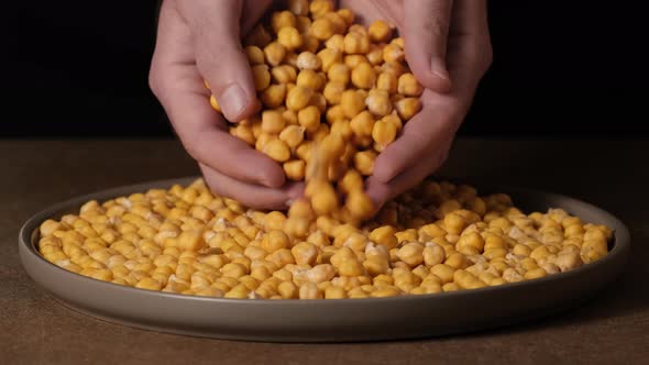 Grains of raw chickpeas are poured into bowl with their hands