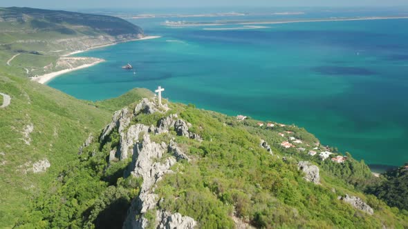 Aerial View of Scenic Mountains Picturesque Shore and Bluish Ocean