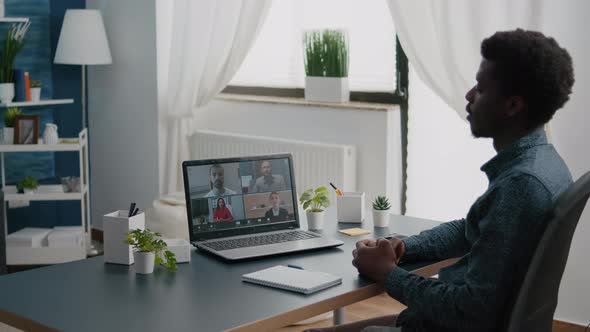 Black Man Remote Worker Working From Home Taking Online Office Call