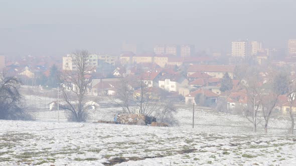 Fog over town of Zajecar filmed from park hill Kraljevica 4K 3840X2160 UHD footage - Eastern  Serbia