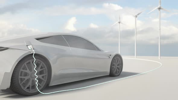 Close-up of an electric car charging with green hills