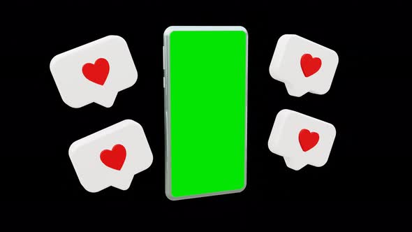 modern smartphone and love icon with green screen on black isolated background. 4k resolution video