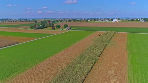 Aerial View of Rural America of Amish Farmlands With Fields Needing Harvesting