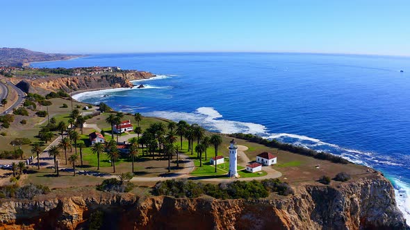 Flying towards the light house on the cliffs of Rancho Palos Verdes in California.