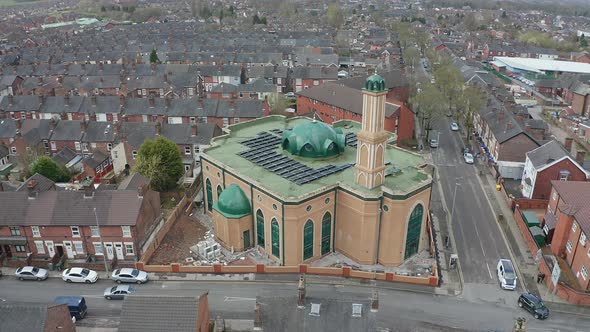 Aerial view of Gilani Noor Mosque in Longton, Stoke on Trent, Staffordshire, the new Mosque being bu