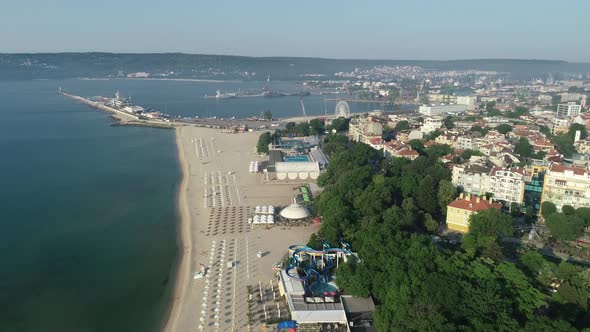 Beautiful cityscape over Varna city, Bulgaria, Beach, old city and sea garden.