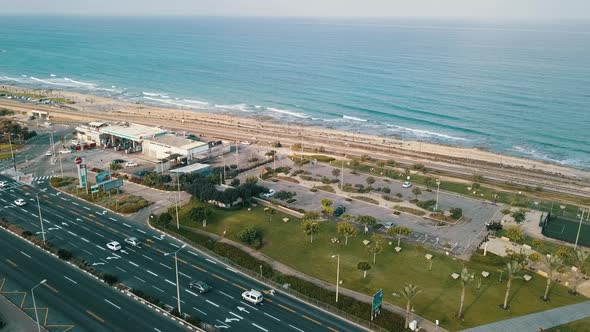 Aerial View of City Traffic on the Coast in Haifa Israel