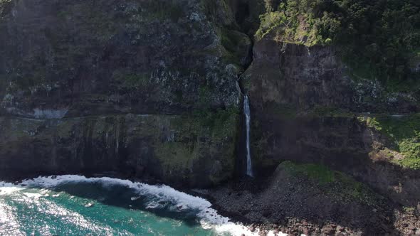 Aerial view of Veu da Noiva waterfall in Madeira, Portugal