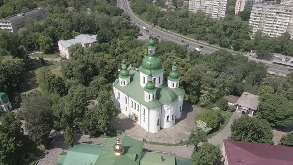 Kyiv. Ukraine: St. Cyril Church in Kyiv. Ukraine. Aerial View. Flat, Gray