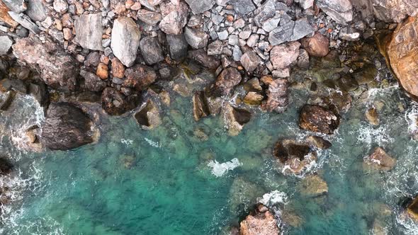 Awesome azure sea rocky texture aerial view 4 K Turkey Alanya