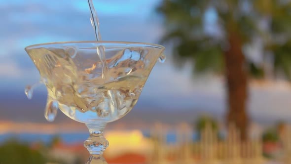 Martini Is Poured Into a Glass on a Background of Palm Trees