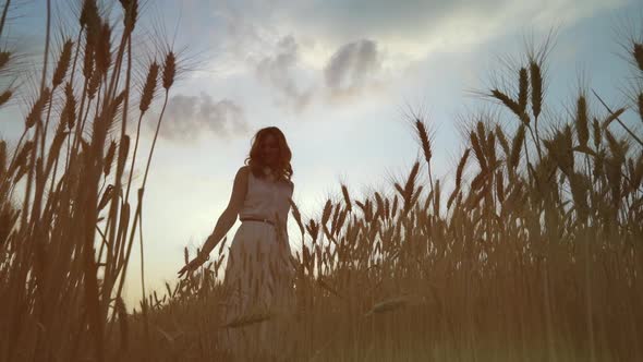 Silhouette of young woman standing in wheat field at sunset
