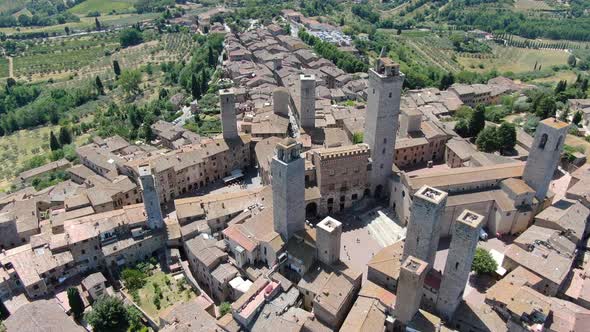 Flying over San Gimignano hill town in Tuscany, Italy, Europe