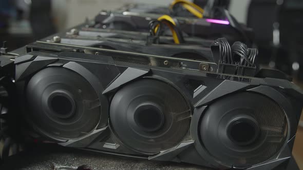 Close Up Of Cryptocurrency Mining Rig Working, Fans Of Graphic Card Working