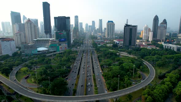 Aerial view of the city traffics at semanggi Roundabout, Jakarta, Indonesia