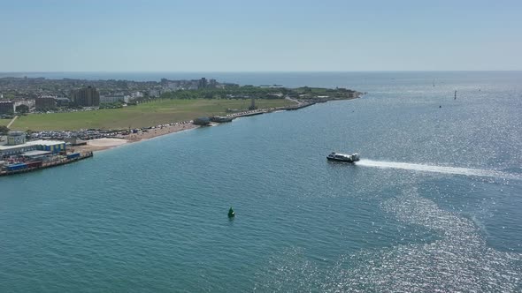 Hovercraft Arriving into a Hoverport in the Summer Aerial View