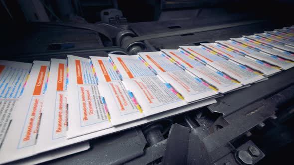 Newspaper at a Print Office, Close Up. Lots of Newspaper Sheets Going on a Conveyor at a Printing