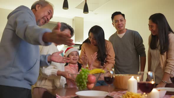 Happy family time and relationship, Asian big family having christmas party eating food together