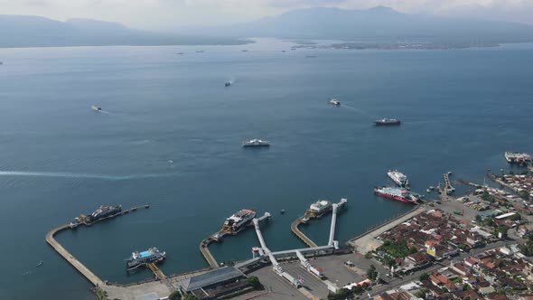 Time lapse aerial view of Port in Banyuwangi Indonesia with ferry in Bali Ocean