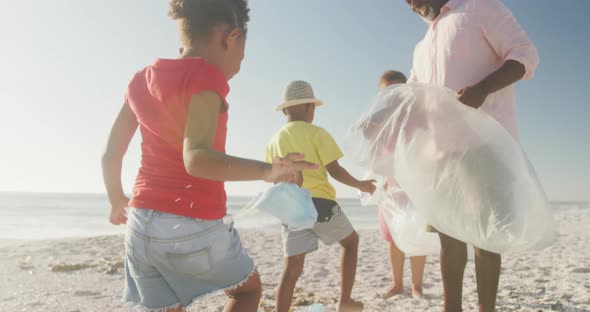 Senior african american couple with grandchildren segregating waste on sunny beach