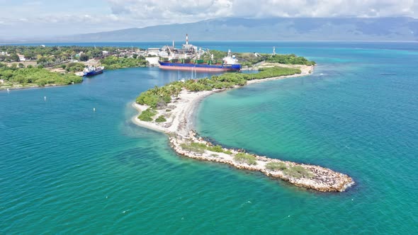 Big shipping vessel docked at Barahona port, Caribbean, aerial