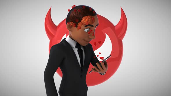 Fun 3D cartoon business man walking with a phone and the dangers of social media