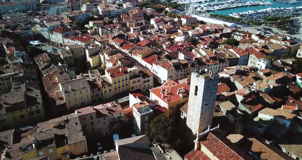 Aerial Footage of Antibes, France, Cote D Azur. Beautiful Sunny Day in Mediterranean Sea. Old Castle