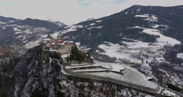 Superb view of the wonderful Sabiona Monastery during winter. It's located in the wonderful Dolomite