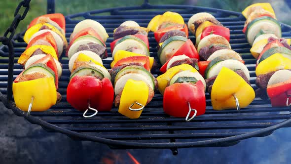Hott skewers with vegetables and meat on grill