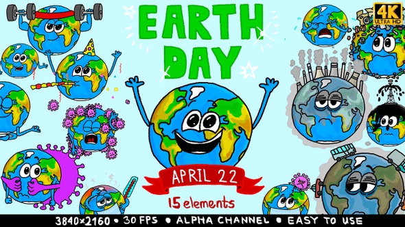 2D Cartoon Planet Earth For Earth Day (15 Elements)