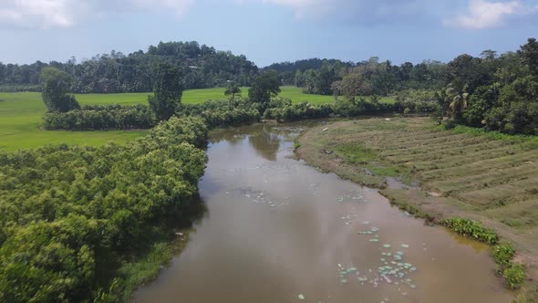 Drone shot flying over river in countryside of Sri Lanka