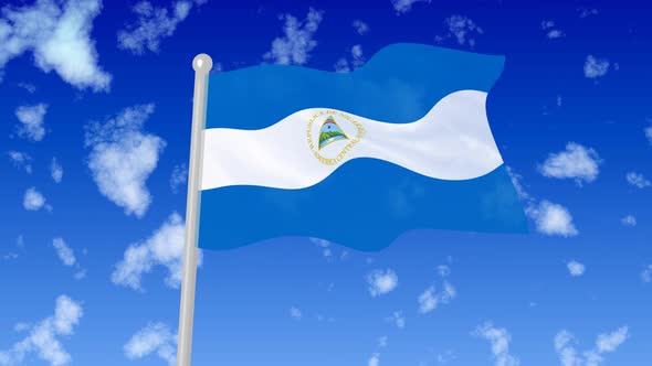 Nicaragua National Flag Flying Wave In The Sky With Clouds
