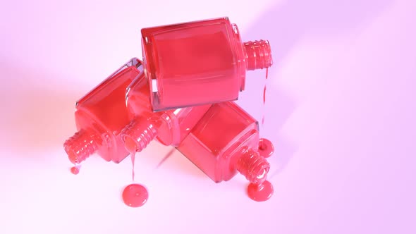 One shade of red nail polish spilled from stack of glass bottles. 4K HD