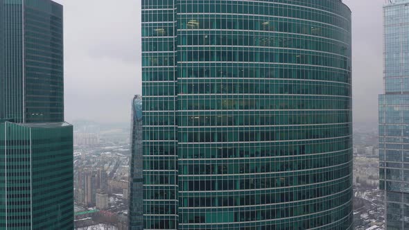 Aerial Drone Shot of Moscow City Skyscrapers at Cloudy Winter Day. Shooting of International