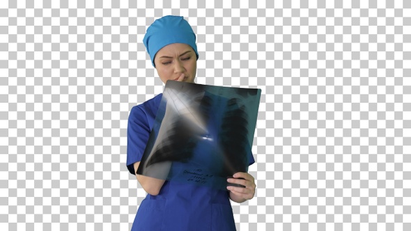 Thinking female doctor in uniform examining, Alpha Channel