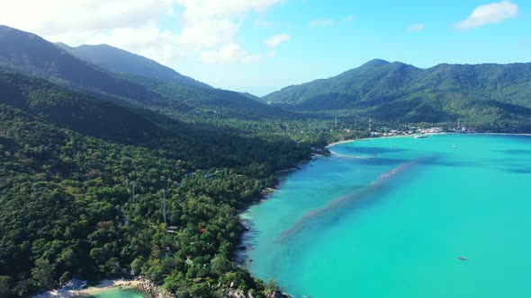 Aerial drone shot texture of relaxing shore beach journey by blue lagoon and bright sandy background