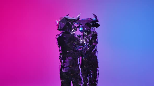 Mirrored Cyber People in Brilliance Costumes of Horned Bulls Dance Embracing Each Other on Neon Blue