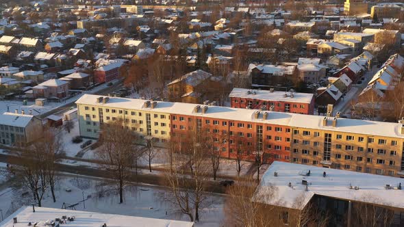 Drone shot of Karlova district begging from Tähe street. Flight over Tähepargi homes