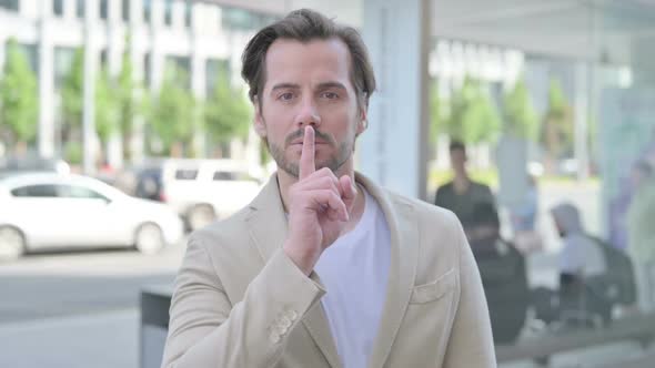 Outdoor Portrait of Young Man with Finger on Lips Please Be Quiet