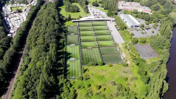 Aerial footage of football pitched taken the town of Armley located in Leeds West Yorkshire