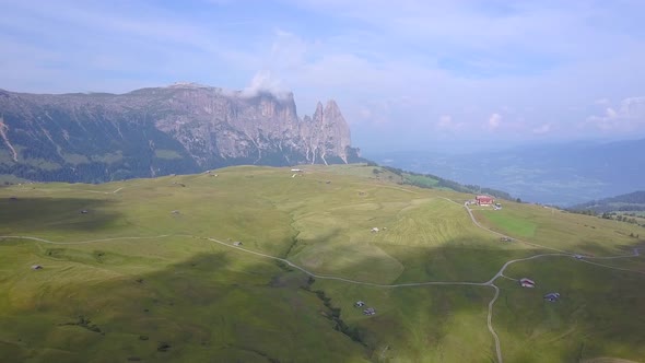 Aerial travel drone view of South Tyrol, Italy and the Dolomites mountains.