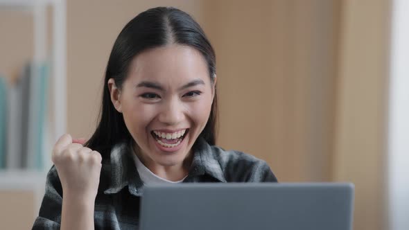 Portrait Asian Girl Woman Playing Computer Game Wins Getting New Job Offer Message Online Betting