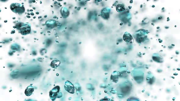 Explosion of Water Droplets Into the Camera in Slow Motion on an Isolated White Background. alt