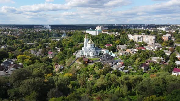 Aerial Shot The City Zhytomyr.  Holy Cross Assembly Cathedral Of The Uoc. Ukraine